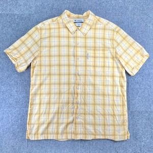 Columbia Button Up Shirt Mens L Yellow Plaid Short Sleeve Outdoor Hiking Camping
